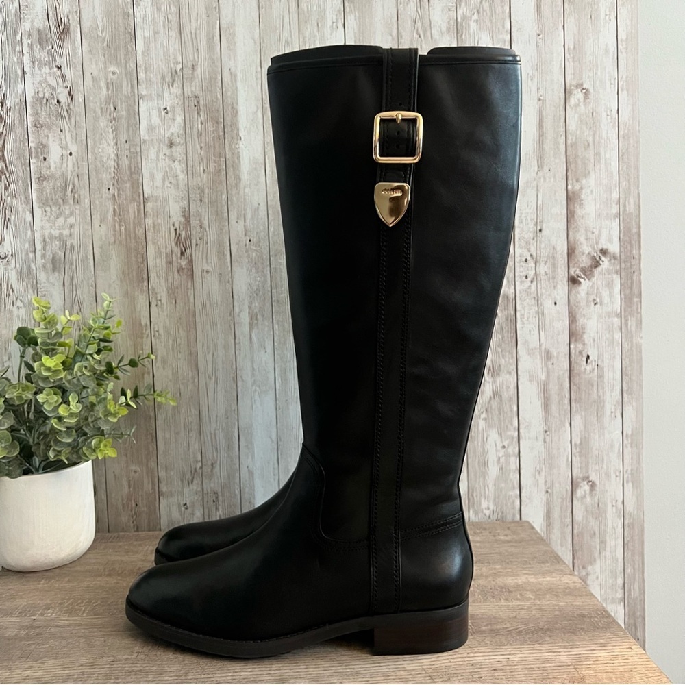 Coach Easton Tall Equestrian Black Leather Boots Gold Buckle Sophisticated 9 - Picture 7 of 10